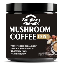 Suiyilary Mushroom Coffee, 10 Mushroom Extract Powder Blend Lion\'s Mane, Reishi, Chaga, Cordyceps, Turkey Tail, Brain Supplements with Instant Coffee for Energy, Focus, Memory and Immunity 150g