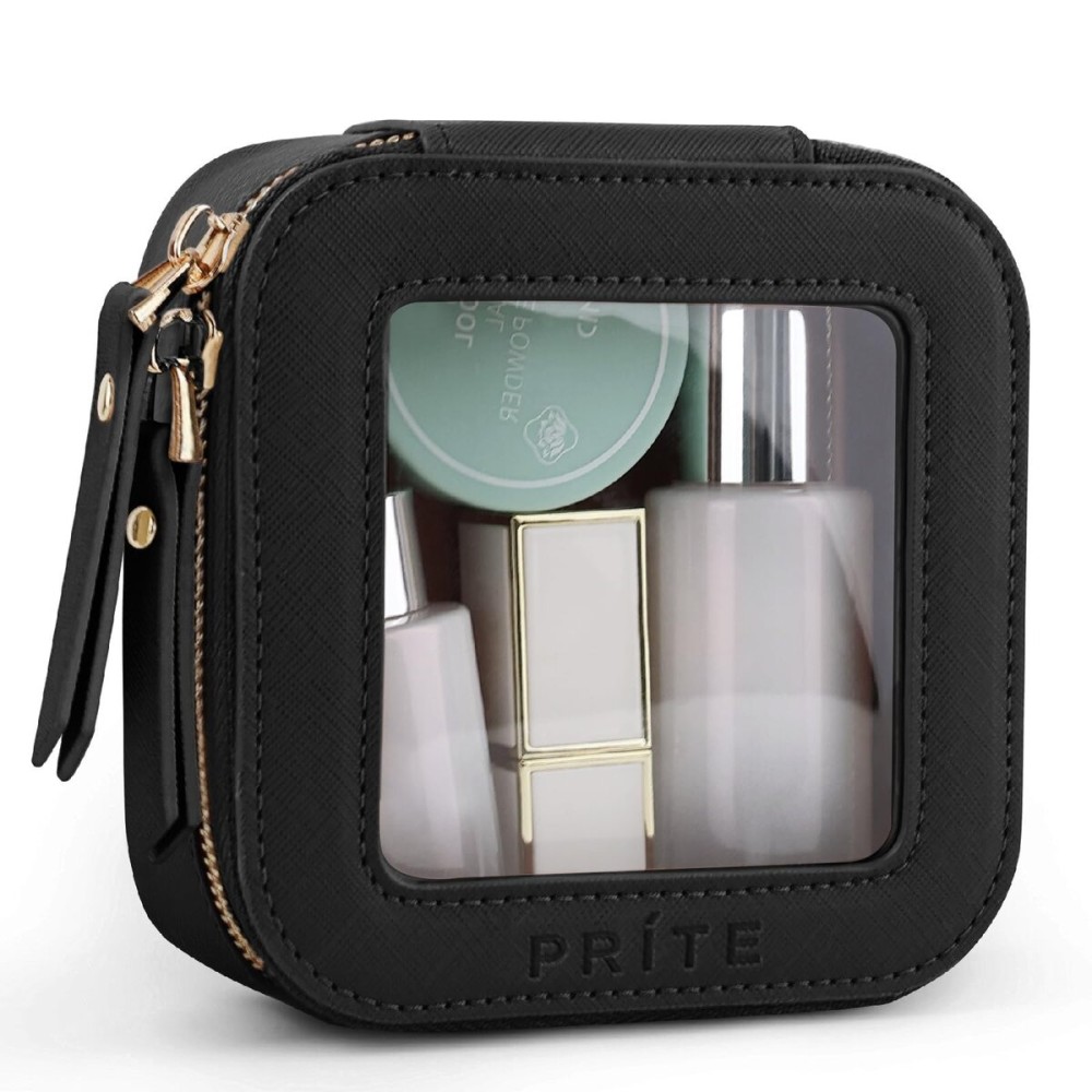 Prite Mini Clear Makeup Bag for Purse Cute Small Travel Cosmetic Bag for Women Waterproof Toiletry Bag Leather Makeup Pouch with Gold Zipper(Black)