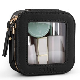 Prite Mini Clear Makeup Bag for Purse Cute Small Travel Cosmetic Bag for Women Waterproof Toiletry Bag Leather Makeup Pouch with Gold Zipper(Black)
