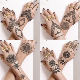 Vintage India Sexy Hands Temporary Tattoos For Women Finger Girls Adults, 4 Sheets Bohemia Lace Black Lotus Mandala Flower Fake Jewels Tattoo Sticker Kits Stencils, Party Favor Supplies Decoration
