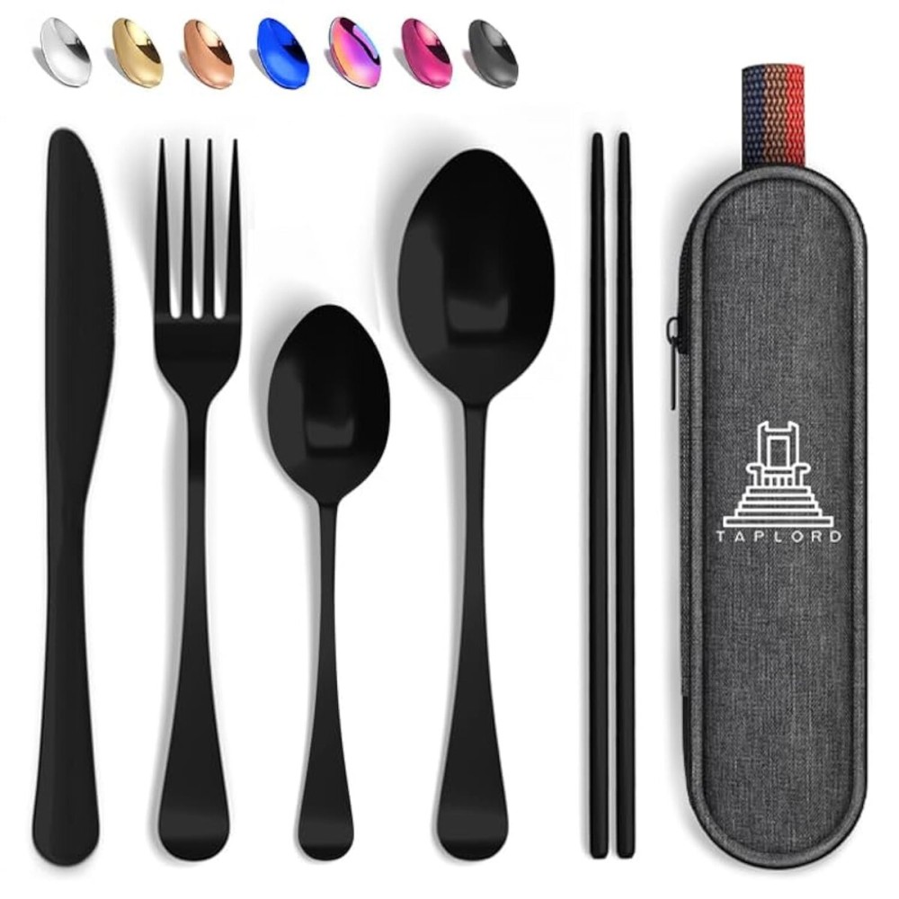 Taplord Portable Travel Silverware Set With Case, Includes 5 Pcs of Travel Utensils With Case, Stainless Steel Flatware Set For Camping, Easy to Travel, Lightweight (Black), Medium, TL-05B