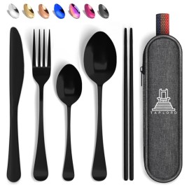 Taplord Portable Travel Silverware Set With Case, Includes 5 Pcs of Travel Utensils With Case, Stainless Steel Flatware Set For Camping, Easy to Travel, Lightweight (Black), Medium, TL-05B