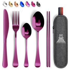 Taplord Portable Travel Silverware Set With Case, Includes 5 Pcs of Travel Utensils With Case, Stainless Steel Flatware Set For Camping, Easy to Travel, Lightweight (Purple), Medium, TL-05P
