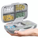 Travel Pill Organizer - Airtight Medicine Case for Traveling Portable Pharmacy Box with Labels Vitamin Container 8 Compartment Supplement Medication Holder Large Capacity Daily (Grey)