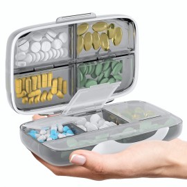 Travel Pill Organizer - Airtight Medicine Case for Traveling Portable Pharmacy Box with Labels Vitamin Container 8 Compartment Supplement Medication Holder Large Capacity Daily (Grey)