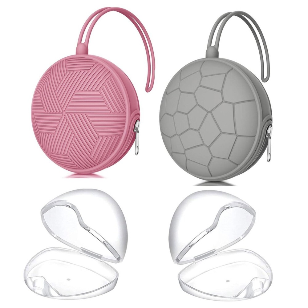 Smlpuame 4 Pack Holder Case Set, 2 Silicone Portable Pacifier Cover Pouch Bag for Diaper Bags Baby Carriage With 4 Transparent Storage Container Box, Easy to Clean, Power Rose+Grey