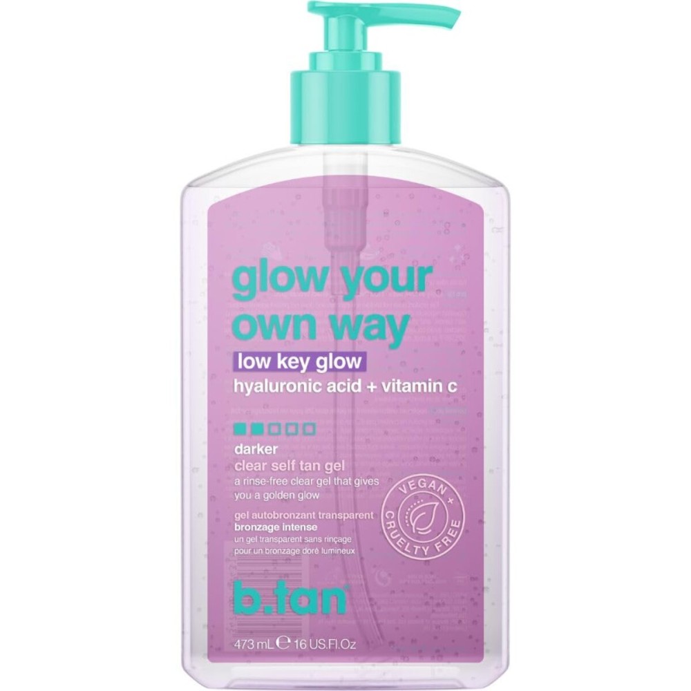 b.tan Dark Clear Self Tan Gel | Glow Your Own way, Low Key Glow - Transfer-Resistant Sunless Tanning Gel, Gradual Darker Bronze, Packed with Hyaluronic acid & Vitamin C, 16 Fl Oz