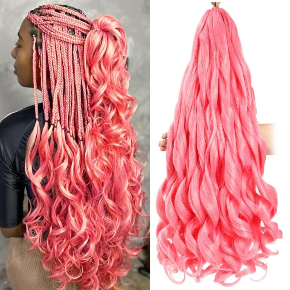 French Curly Braiding Hair 24 Inch Pink Color - Pre Stretched Bouncy Braiding Hair- Loose Wavy Synthetic Hair Extensions For Black Women (24 inch 2 packs, Pink)
