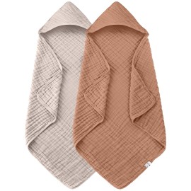 Spotted Play 2 Pack Hooded Baby Towels - 100% Muslin Cotton for Newborns, Infants, Toddlers - Large 32x32 Inch Size - Highly Absorbent and Essential for Newborn Care, Light Bean Paste