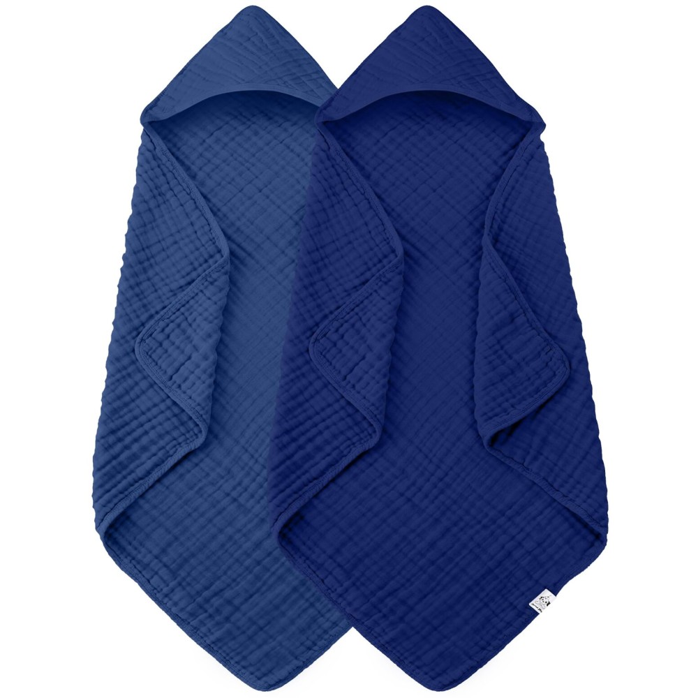 Spotted Play 2 Pack Hooded Baby Towels - 100% Muslin Cotton for Newborns, Infants, Toddlers - Large 32x32 Inch Size - Highly Absorbent and Essential for Newborn Care, Deep Navy
