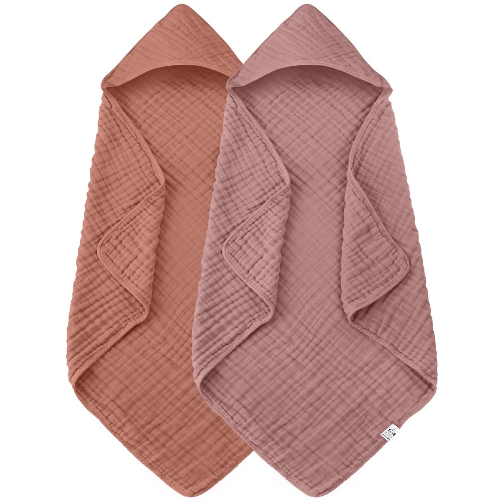 Spotted Play 2 Pack Hooded Baby Towels - 100% Muslin Cotton for Newborns, Infants, Toddlers - Large 32x32 Inch Size - Highly Absorbent and Essential for Newborn Care, Deep Bean Paste