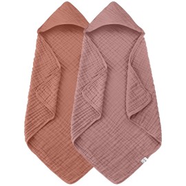 Spotted Play 2 Pack Hooded Baby Towels - 100% Muslin Cotton for Newborns, Infants, Toddlers - Large 32x32 Inch Size - Highly Absorbent and Essential for Newborn Care, Deep Bean Paste