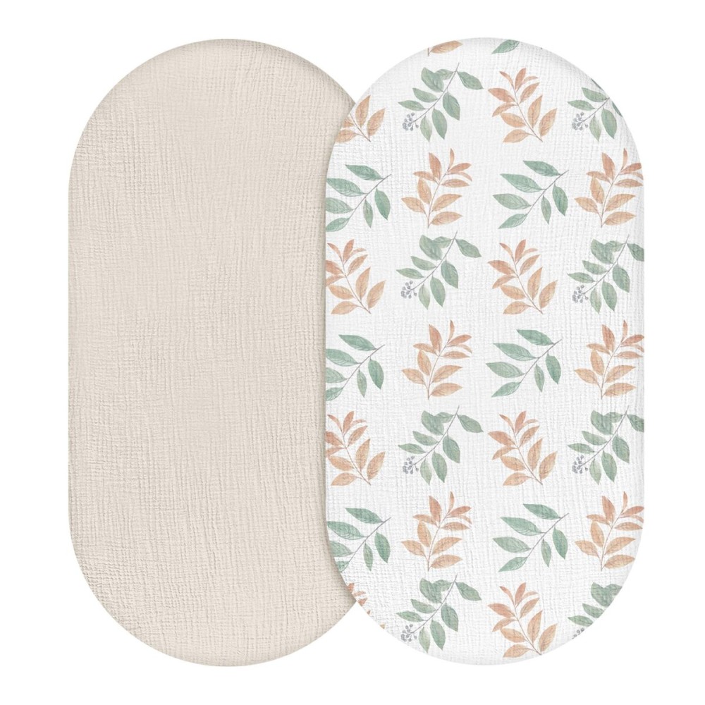 Muslin Bassinet Fitted Sheets, 2 Pack for Baby Boy and Girl, Soft Breathable Stretchy Baby Pad/Mattress Sheet Set, Universal Fit for Hourglass Oval and Rectangle Bassinet Mattress (Bright Leaves)