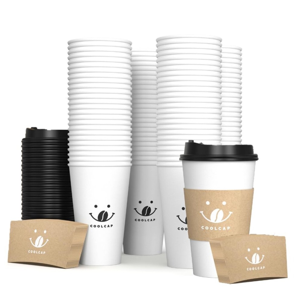 Coolcap 100 Pack 12oz Disposable Coffee Cups with Lids and Sleeves, To Go Paper Cups for Hot & Cold Beverages