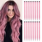 KGBFASS Colored Clip in Hair Extensions 20Inch Straight Syntactic Pink Color Hairpiece Rainbow Party Highlights for Women Girls Kids 16Pcs (Pink )