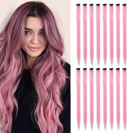 KGBFASS Colored Clip in Hair Extensions 20Inch Straight Syntactic Pink Color Hairpiece Rainbow Party Highlights for Women Girls Kids 16Pcs (Pink )