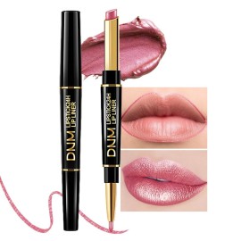 evpct 1Pcs Natural Pink Metallic Shine Shimmer Lip Liner and Lipstick Combo Set Kit for Women, Lightweight Hydrating Formula High Impact Full Coverage Lipstick and Lip Liner Makeup Gloss, 20