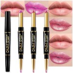 evpct 3Pcs Nude Pink Rose Red Metallic Shine Shimmer Lip Liner and Lipstick Combo Set Kit for Women, Lightweight Hydrating Formula High Impact Full Coverage Lipstick and Lip Liner Makeup Gloss