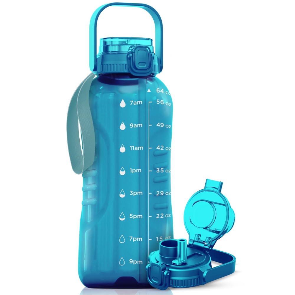 AQUAFIT 64 oz Water Bottle with Time Marker - 2in1 Straw & Chug Lid - BPA Free Big Water Bottle with Straw - Gym Water Bottle with Strap - Water Jug (64 Ounces, Aqua)