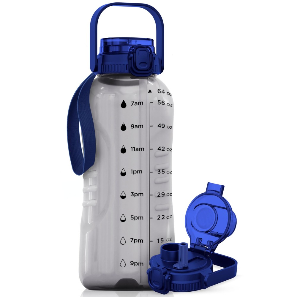 AQUAFIT 64 oz Water Bottle with Time Marker - 2in1 Straw & Chug Lid - BPA Free Big Water Bottle with Straw - Gym Water Bottle with Strap - Water Jug (64 Ounces, Clarity)