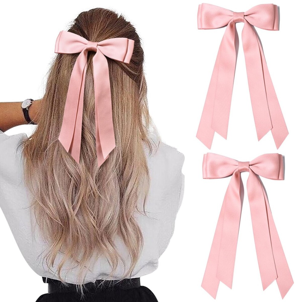 2PCS Silky Satin Hair Bows Hair Clip Pink Hair Ribbon Ponytail Holder Accessories Slides Metal Clips Hair Bow for Women Girls Toddlers Teens Kids