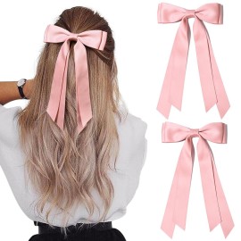 2PCS Silky Satin Hair Bows Hair Clip Pink Hair Ribbon Ponytail Holder Accessories Slides Metal Clips Hair Bow for Women Girls Toddlers Teens Kids