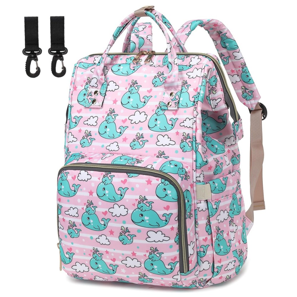 Yusudan Whale Diaper Bag Backpack for Baby Girls, Mom Waterproof Large Nappy Bags for Women
