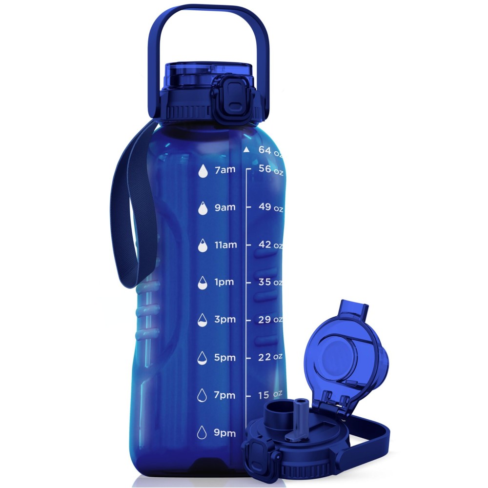 AQUAFIT 64 oz Water Bottle with Time Marker - 2in1 Straw & Chug Lid - BPA Free Big Water Bottle with Straw - Gym Water Bottle with Strap - Water Jug (64 Ounces, Blue)