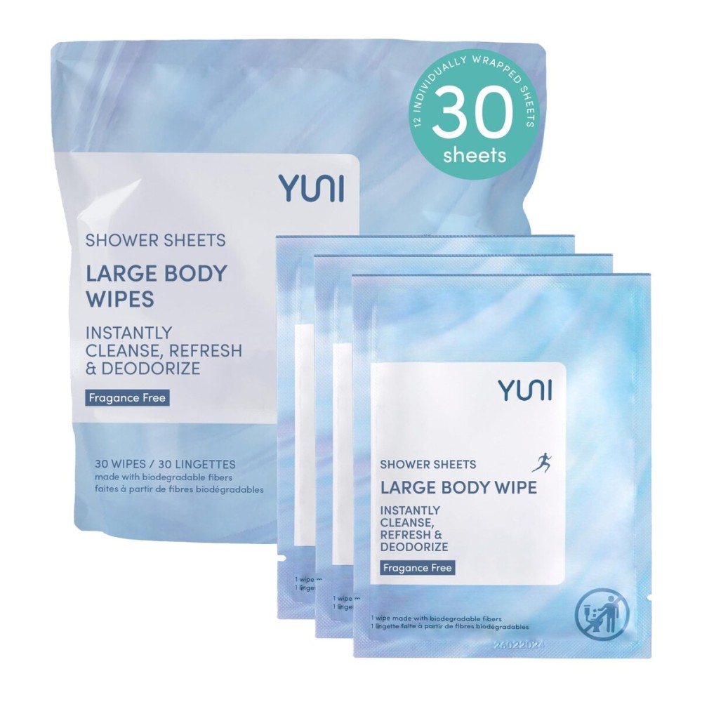YUNI Beauty Large Body Wipes (Unscented, 30 Count) Super Soft Moist Showerless that Cleanse & Deodorize - On-the-Go Waterless Body Cleanser - Biodegradable Individually Wrapped Wipes for Travel