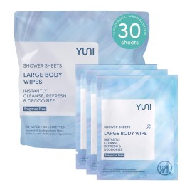 YUNI Beauty Large Body Wipes (Unscented, 30 Count) Super Soft Moist Showerless that Cleanse & Deodorize - On-the-Go Waterless Body Cleanser - Biodegradable Individually Wrapped Wipes for Travel