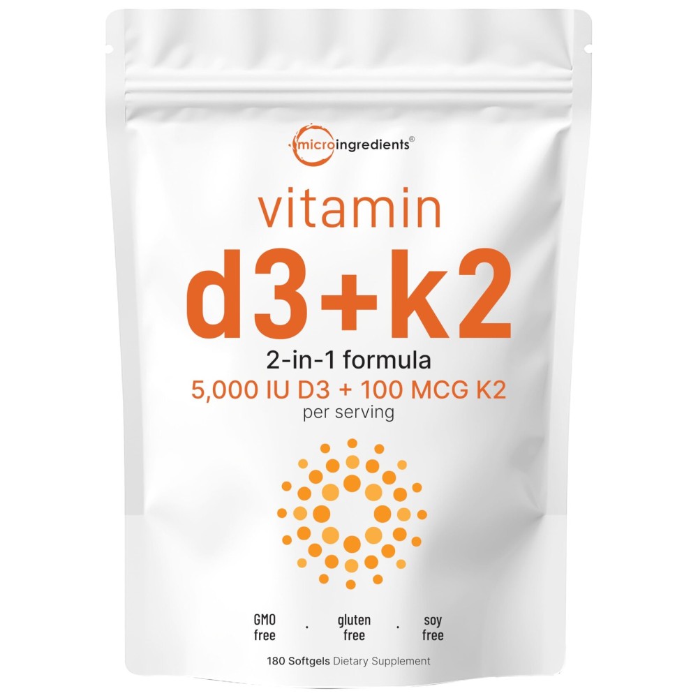 Micro Ingredients Vitamin D3 5,000 IU + K2 MK-7 100 mcg, 180 Softgels | 2-in-1 Bone, Immune & Heart Support | Easy to Swallow, Non-GMO