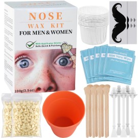 100g Nose Hair Waxing Kit with 30 Applicators (Up to 30 Uses), 10 Mustache Guards, 15 Wipes for Quick and Painless Hair Removal on Nose, Ears, and Face - For Men and Women
