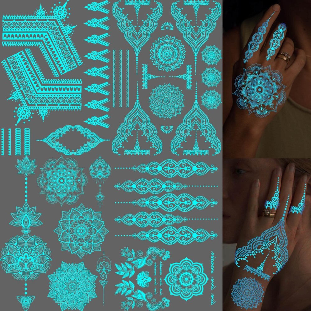 4 Sheets Blue Luminous Mandala Flower Tempoprary Tattoos For Women Girls Adults Hands Arm, Sexy Tribal Lace Lotus Glow In The Dark Fake Tattoo Stickers, Night Glitter Wedding Festival Party Supplies