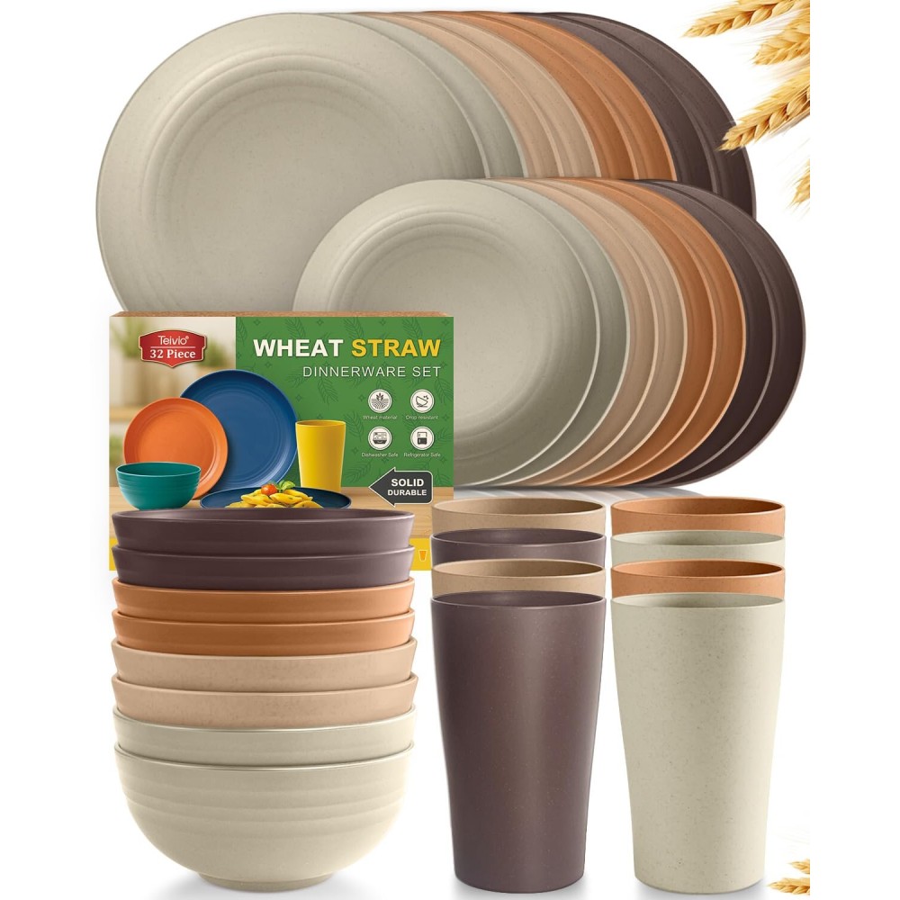 Teivio 32-Piece Kitchen Plastic Wheat Straw Dinnerware Set, Service for 8, Dinner Plates, Dessert Plate, Cereal Bowls, Cups, Unbreakable Colorful Plastic Outdoor Camping Dishes, Desert