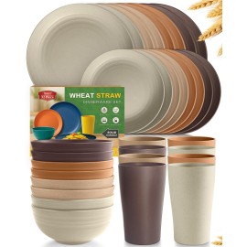 Teivio 32-Piece Kitchen Plastic Wheat Straw Dinnerware Set, Service for 8, Dinner Plates, Dessert Plate, Cereal Bowls, Cups, Unbreakable Colorful Plastic Outdoor Camping Dishes, Desert