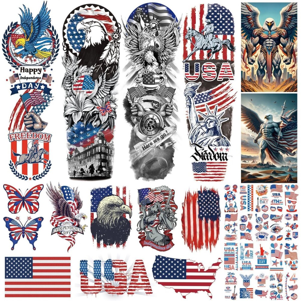 Aresvns Independence Day Temporary Tattoo, USA Flag Sleeve Tattoo, Red White and Blue Party Supplies, 4th of July, Memorial Day, Labor Day Decorations Tattoos Patriotic Tattoos