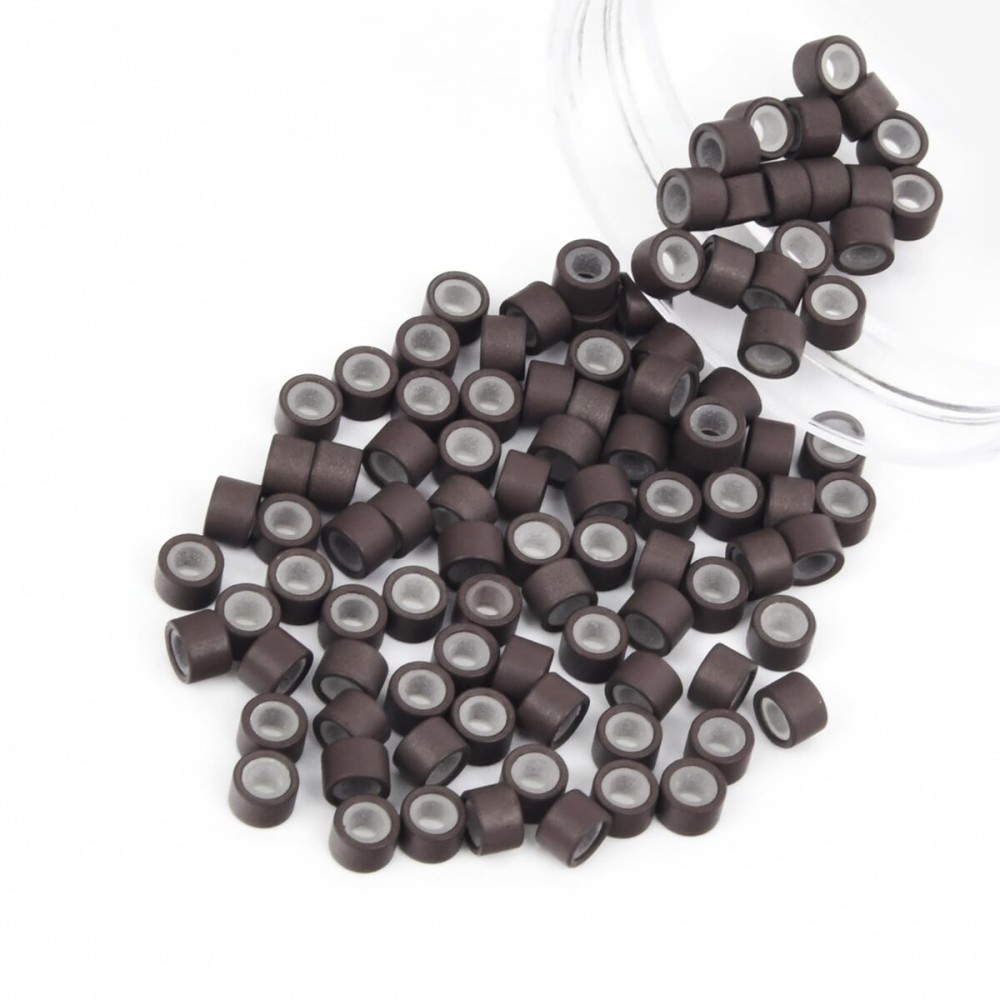 Vlasy 100Pcs 4mm Silicone Lined Micro Ring Beads for Hair Extensions 5Colors Apply (100Pcs Brown)