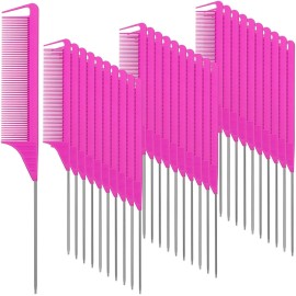 Patelai 30 Pieces Parting Comb for Braids Steel Hair Pin Rat Tail Carbon Fiber Heat Resistant Teasing Combs with Stainless Steel Pintail(Rose Red)