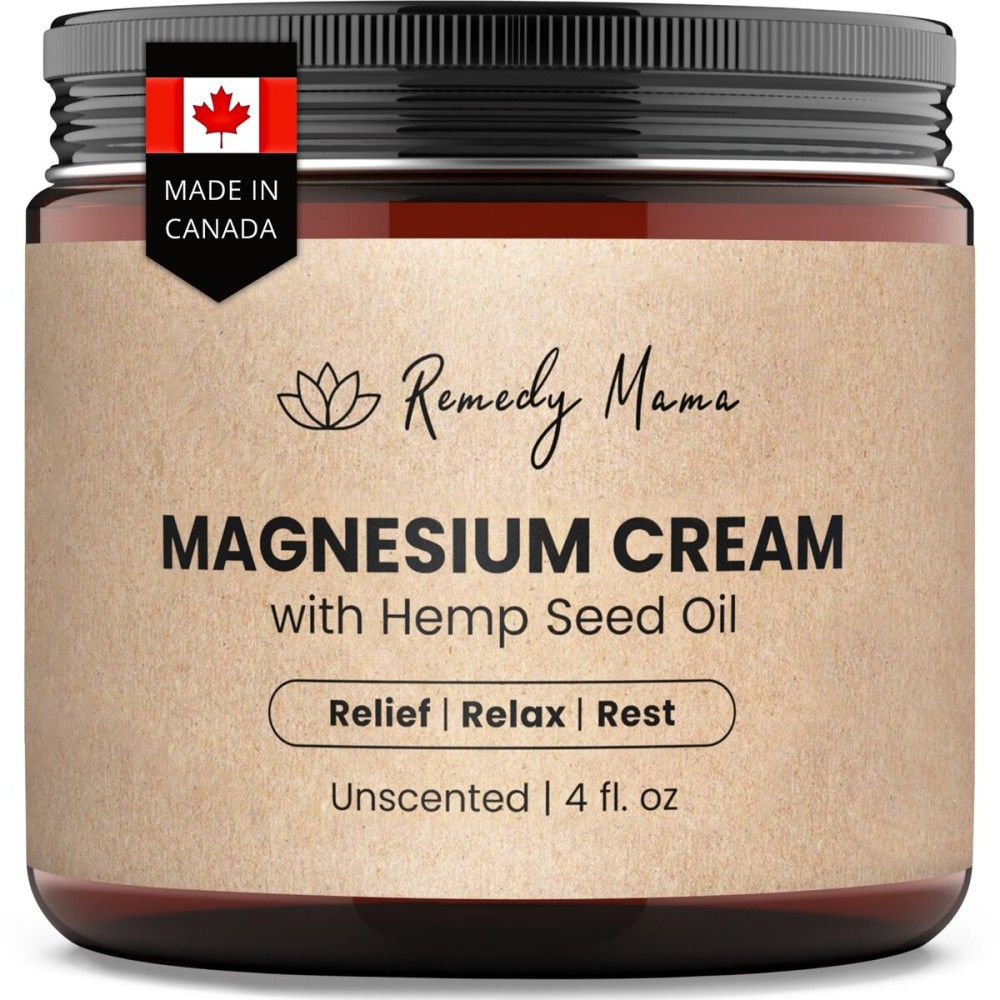 Remedy Mama Magnesium Cream for Sleep, Cramps & Muscle Soreness - with Hemp Seed Oil, Jojoba, Shea & Mango Butter - Natural, Skin-Friendly & Safe for Kids - Unscented - 4oz Glass Jar - Made in Canada