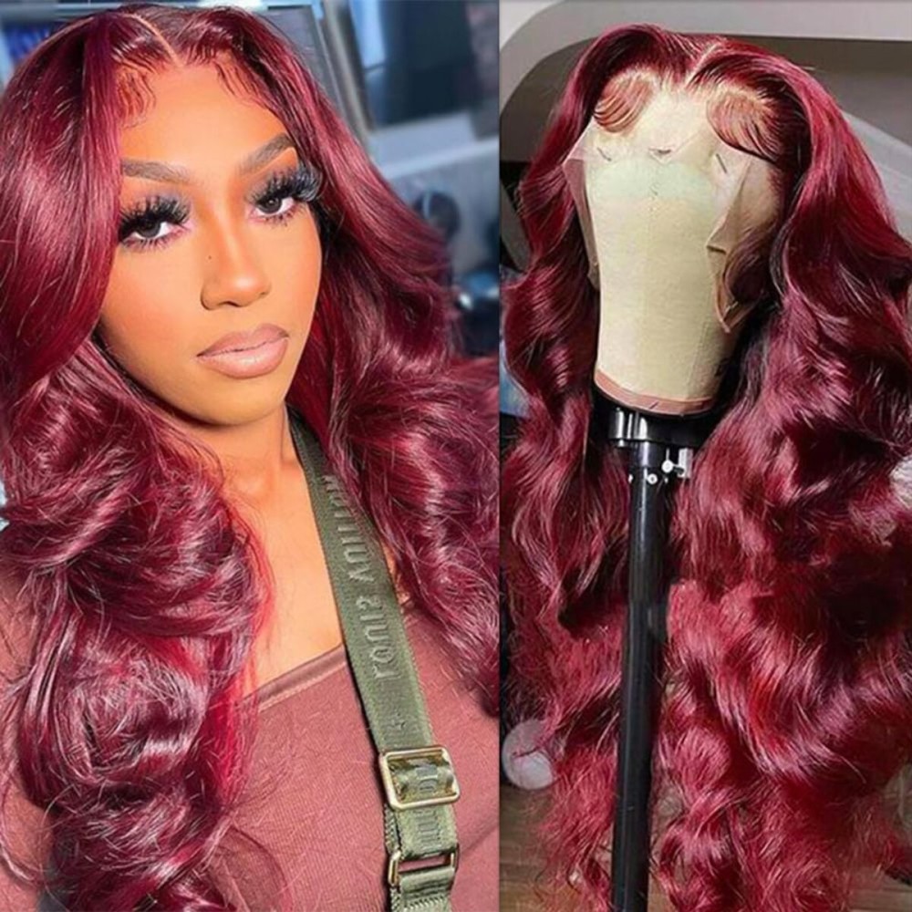 A FUTURE TONGMEI 99j Burgundy Lace Front Wigs Human Hair Pre Plucked 13x4 Transparent HD Lace Frontal Wigs with Baby Hair Colored Wine Red Body Wave Lace Front Wigs for Women 180% Density 20 inch
