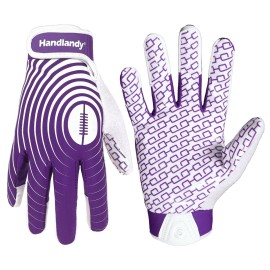 HANDLANDY Youth Football Gloves, Sticky Wide Receiver Gloves for Kids, White and Gold Stretch Fit Football Glove (White and Purple, X-Large)