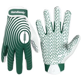HANDLANDY Youth Football Gloves, Sticky Wide Receiver Gloves for Kids, White and Gold Stretch Fit Football Glove (White and Green, X-Large)