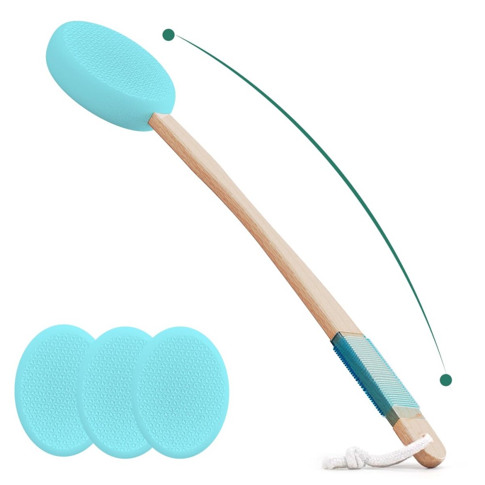 Svarvns Lotion Applicator With 4 Replaceable Pads for Back, Self, Elderly, Women - Sunscreen and Cream Applicator With 17 Curved Handle for Easy Targeting of Back and Feet, Blue