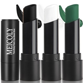 MEICOLY 3PCS Black White and Green Face Body Paint Stick,Waterproof Eye Black Baseball Softball Football,Face Paint Stick for Halloween SFX Cosplay Makeup