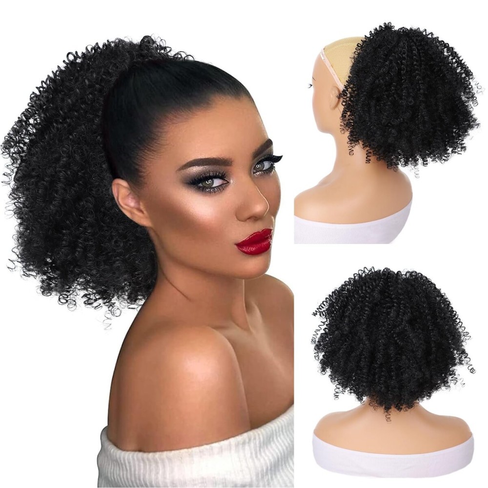 G&T Wig Afro Curly Drawstring Ponytail Extension for Black Women Short Kinky Curly Ponytail Syntheetic Hairpieces for Daily (1B)