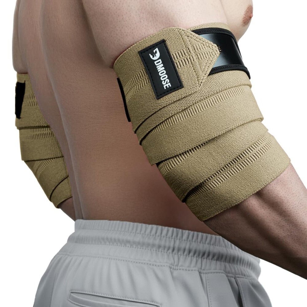 DMoose Fitness Elbow Wraps for Weightlifting (Pair) - 40\'\' Adjustable Elbow Strap for Gym Workout, Bench Press & Powerlifting - Compression Wraps for Tendonitis & Joint Support (Tan)
