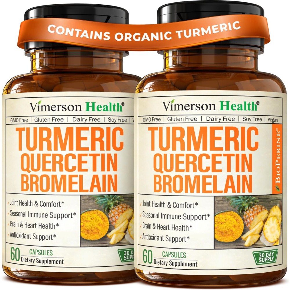 Quercetin with Bromelain Turmeric Curcumin Supplement - Allergy Relief, Immune & Joint Support - Organic Turmeric Supplement w/Bioperine for Enhanced Absorption, Quercetin 500mg Capsules 2 Pack