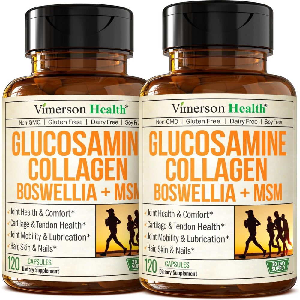 Glucosamine Chondroitin MSM with Hydrolyzed Collagen Peptides - Joint Support Supplement with Quercetin, Bromelain & Boswellia Extract - Collagen pills for Hair Skin Nails - FSA Eligible 2 Pack