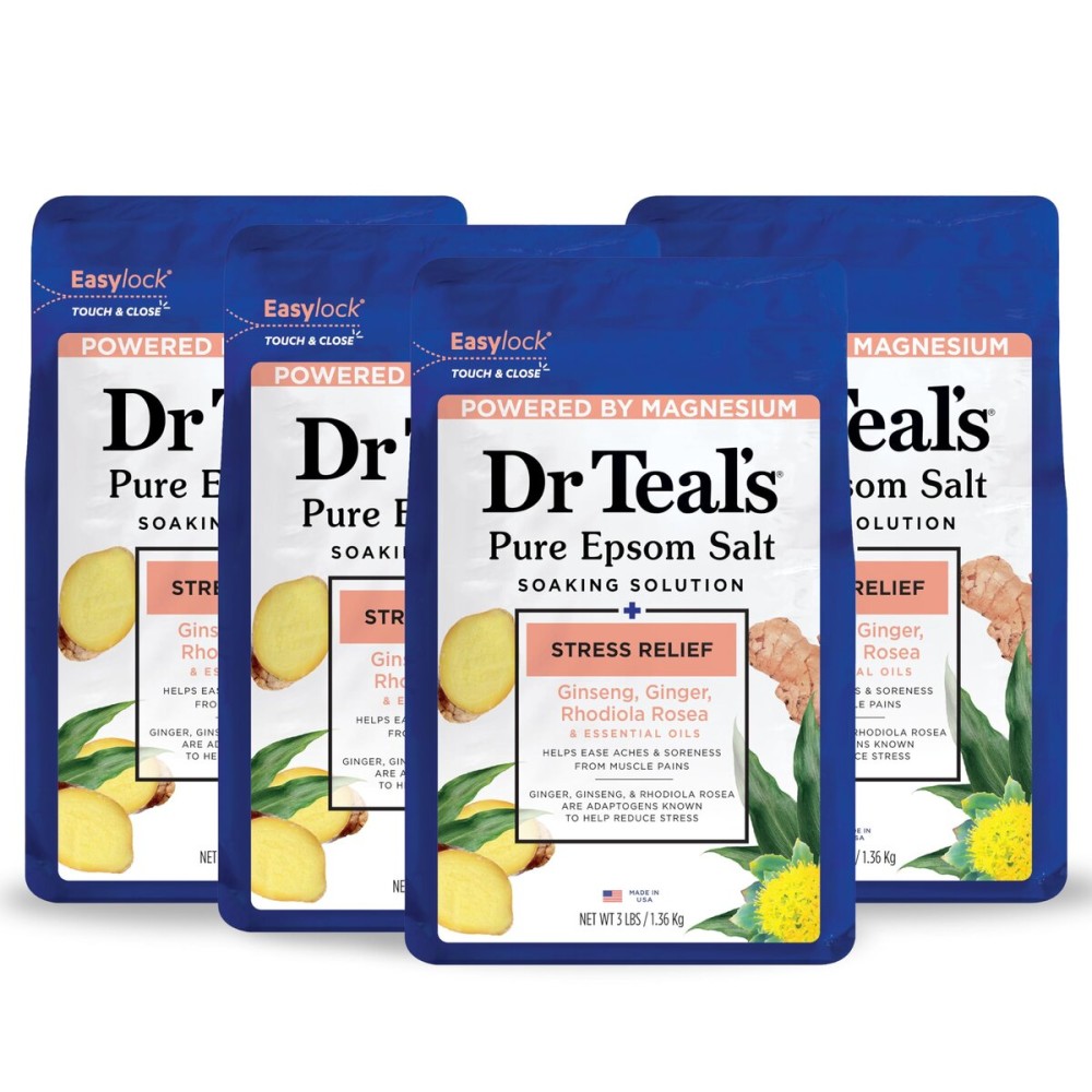 Dr Teal\'s Pure Epsom Salt Stress Relief with Ginseng & Ginger Essential Oils, 3 lbs (Pack of 4)