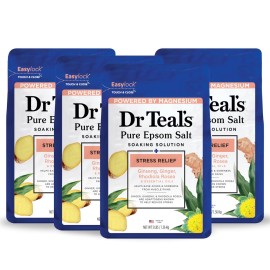 Dr Teal\'s Pure Epsom Salt Stress Relief with Ginseng & Ginger Essential Oils, 3 lbs (Pack of 4)